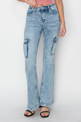 RISEN High Rise Cargo Flare Jeans - Vintage Flare with Modern Comfort